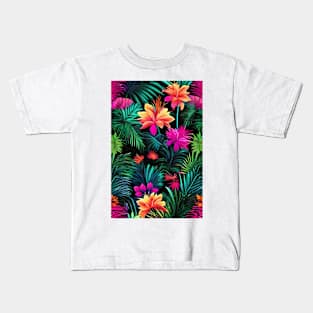 Neon tropical flowers pattern Kids T-Shirt